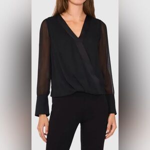 HALOGEN Faux Wrap Chiffon Top in Rich Black Size Large NWT